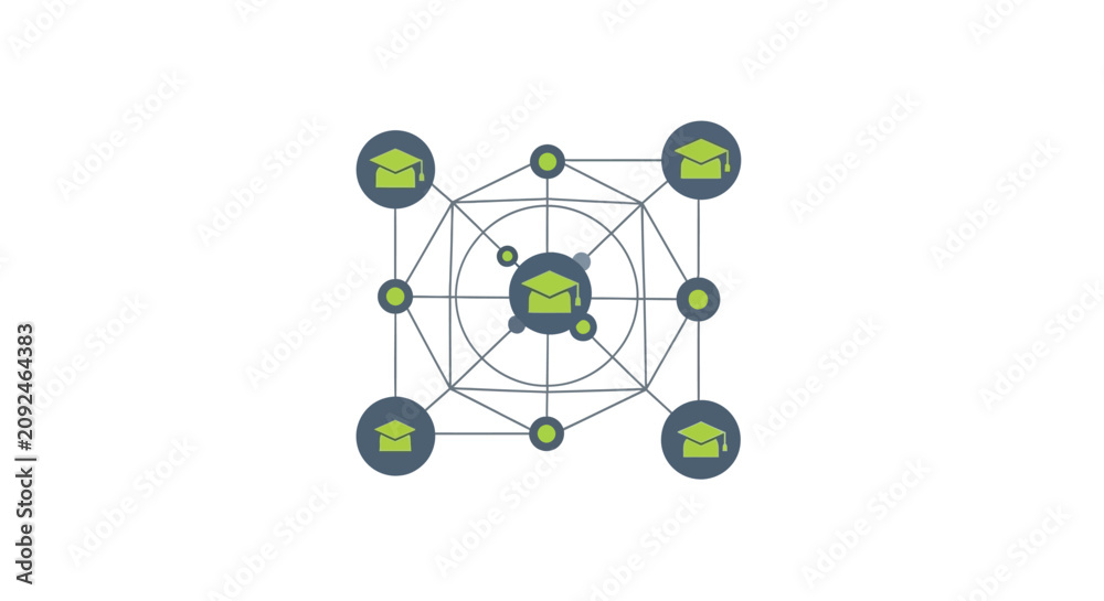 Obraz premium Conceptual Graphic of an Interconnected Education Network with Graduation Cap Icons Representing E-learning, Online Degrees, and Academic Collaboration