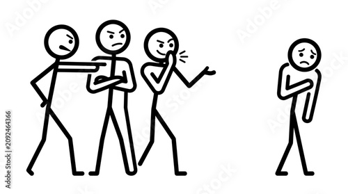 Obraz na plátně Three cruel stick figures taunting a sad lonely victim in social exclusion suitable for illustrating bullying or discrimination themes