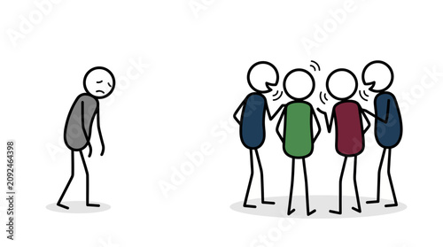 Cuadro en lienzo Sad, lonely stick figure isolated among lively, chatty group  emotion, social exclusion, alienation, loneliness, contrast concept, mental health