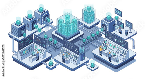 Isometric illustration of a futuristic factory.