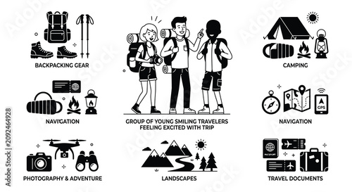 Hiking And Camping Vector Illustration With People And Equipment