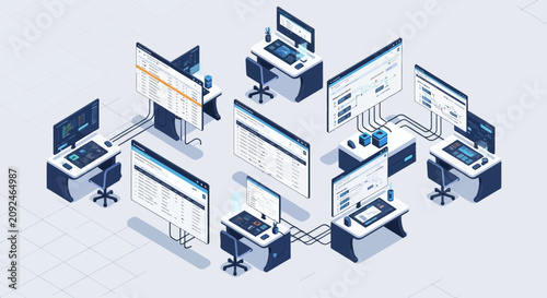 Isometric illustration of multiple office workstations with computers and monitors.