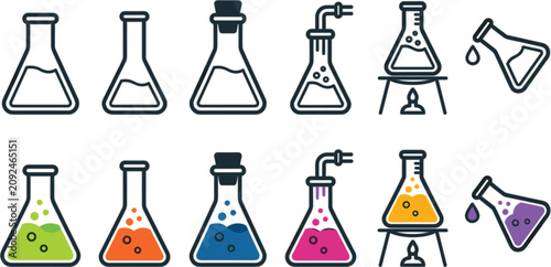 Foto Chemistry laboratory erlenmeyer flask icon set vector illustrations of scientific experiment equipment research outline and color stickers