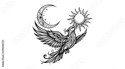 Tableau sur toile Phoenix Bird with Sun and Moon Tattoo Design - Celestial Mythical Creature
