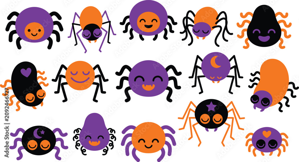 Obraz premium Cute halloween spiders collection vector illustration for seasonal decorations party supplies