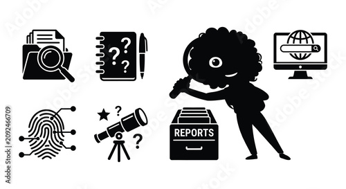 Canvastavla Investigation Icons Set Black And White Vector Illustration