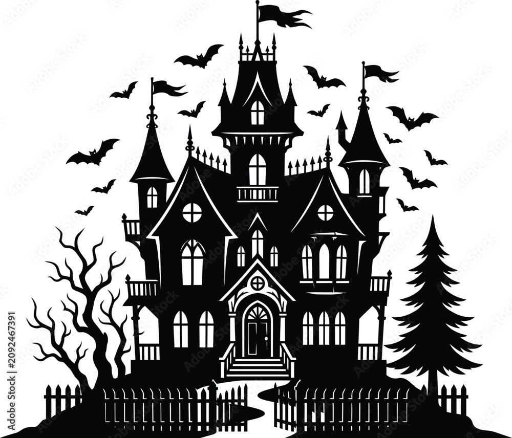 Fototapeta premium Spooky halloween night haunted house with bats and fence on white background