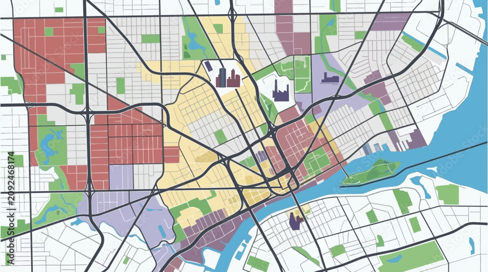 Obraz premium A colorful flat vector illustration of a generic urban city map layout