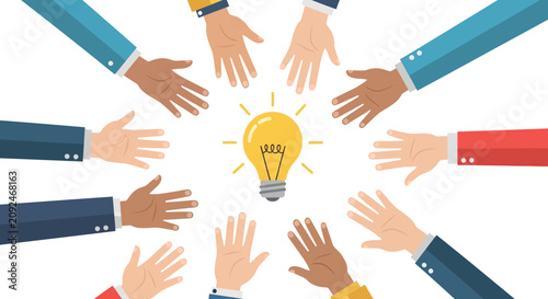 Teamwork and Brainstorming Concept: Diverse Business Hands Reaching for a Glowing Light Bulb Idea, Collaboration, Innovation and Creativity Concept
