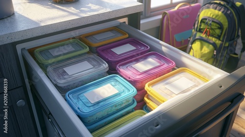 Open kitchen drawer filled with colorful meal prep containers for school ,back to school photo