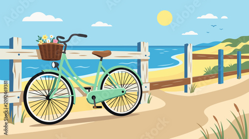 Vintage mint green bicycle with flower-filled wicker basket leaning on rustic wooden fence overlooking sunny beach ocean waves and distant hills under bright blue sky in serene coastal summer scene