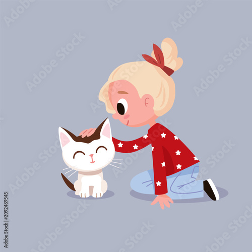 Little blonde girl petting, cuddle his kitten sitting on floor. Girl is wearing a red blouse, shirt and jeans. Vector flat illustration.	