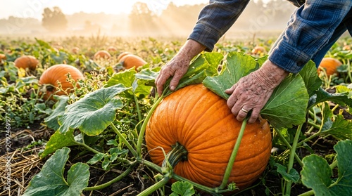 Senior hands revealing enormous pumpkin in misty patch