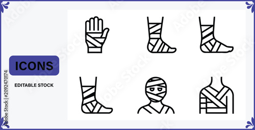 Foto A set of six black line icons of wrapped mummy body parts and full body on white