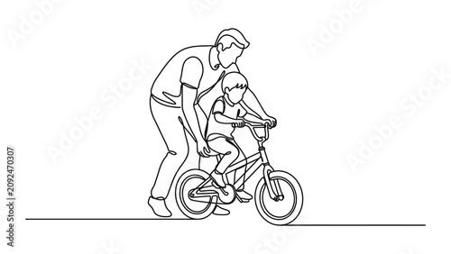 Father teaching son to ride bicycle