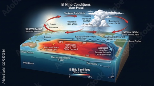 El Niño Pacific Ocean Cross Section Showing Warm Water and Thermocline Changes