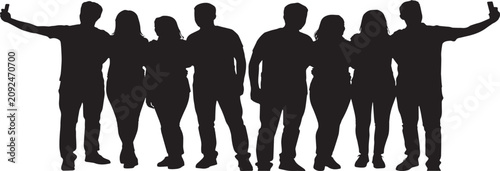 Group of friends taking selfie silhouette illustration representing friendship social gathering teamwork youth lifestyle vector isolated on white background