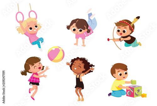 Set group collection of vector cute babies kids characters playing, doing activities in different various poses. Children jump, move having fun in fine mood