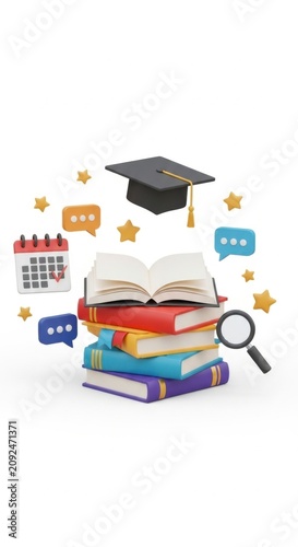 Education icons, books, graduation cap, learning