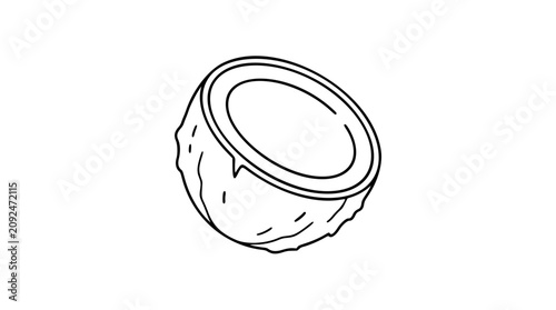 A clean black and white line art vector icon showing a halved coconut shell, wonderful for tropical beverage branding, spa menus, or exotic food and travel promotions.