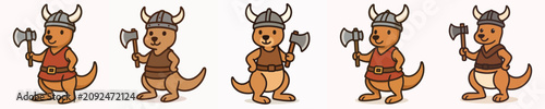 Set of vector illustrations of a kangaroo dressed as a Viking and armed with weapons.
