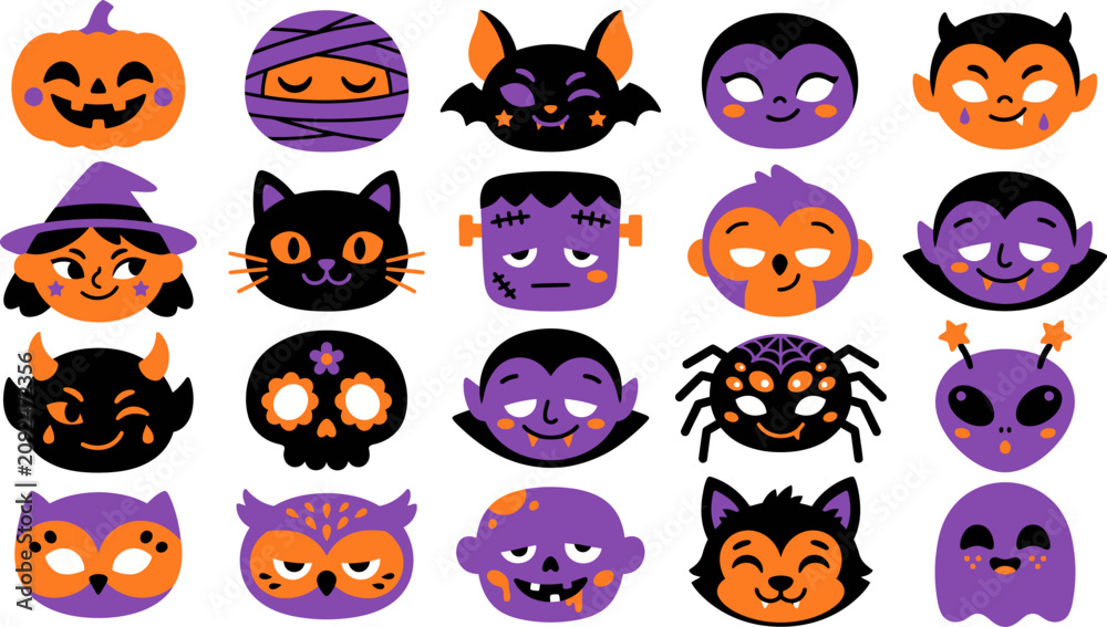 Obraz premium Halloween characters and symbols in orange black and purple