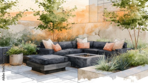 Architectural drawing of a modern outdoor patio with cozy seating and a firepit at sunset in watercolor