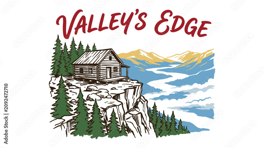 Obraz premium Vintage Valley's Edge log cabin mountain landscape illustration on cliff side for t-shirt design print, outdoor adventure apparel, and streetwear merchandise