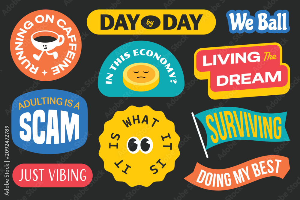 Fototapeta premium Colorful trendy stickers with phrases internet slang y2k style.