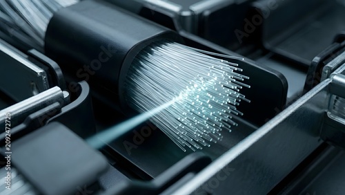Exposed fiber optic strand bundle emitting light from industrial cable connector