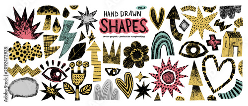 Hand drawn abstract shapes and doodle elements collection vector. Colorful kraft paper scrapbook set, line art rainbow, sun, houses, hearts and stars sketches isolated on white background.