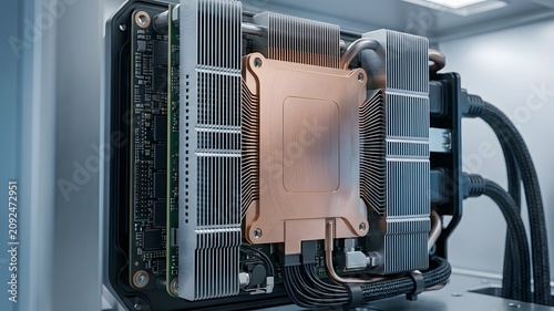 High performance tower cooler with copper base plate and heat pipe array on green circuit board