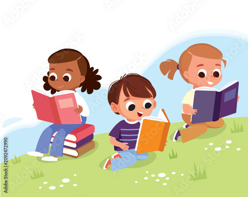 Some children reading a books sitting on lawn, outdoors. kids are captivated by reading. A child seats on pile of books. Little kids are reading and dreaming. Homework reading. 