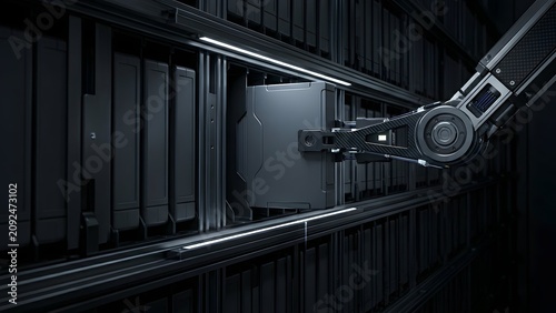 Automated robotic retrieval arm inserting cartridge into enterprise tape library rack bay