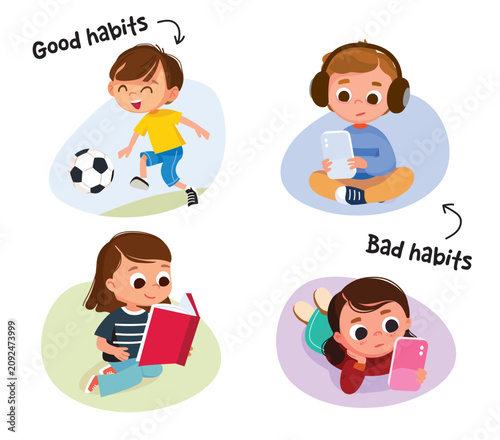 Set images illustrating good, bad habits in children healthy activities such as sports,exercise, reading active play versus unhealthy behavior like spending too much time smartphones digital addiction