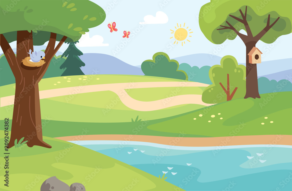 Obraz premium Summer park background landscape with beautiful river, pond, lake, riverbanks river banks, meadow, blue sky.
