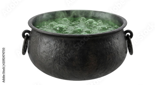 Fotografie Black cast iron cauldron with boiling green potion
