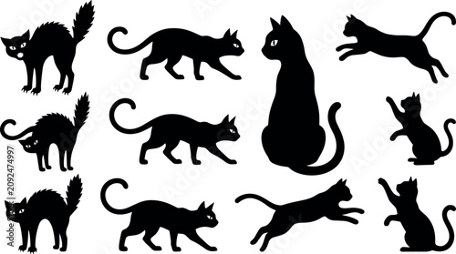 Obraz na plátně Black Cat Silhouette Vector Set with Frightened Hissing Walking Jumping and Sitt