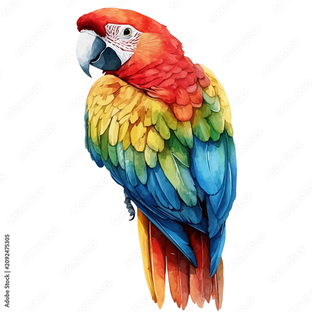 Obraz premium Macaw, illustration watercolor with dynamic strokes and balanced color harmony, isolated on a white background.