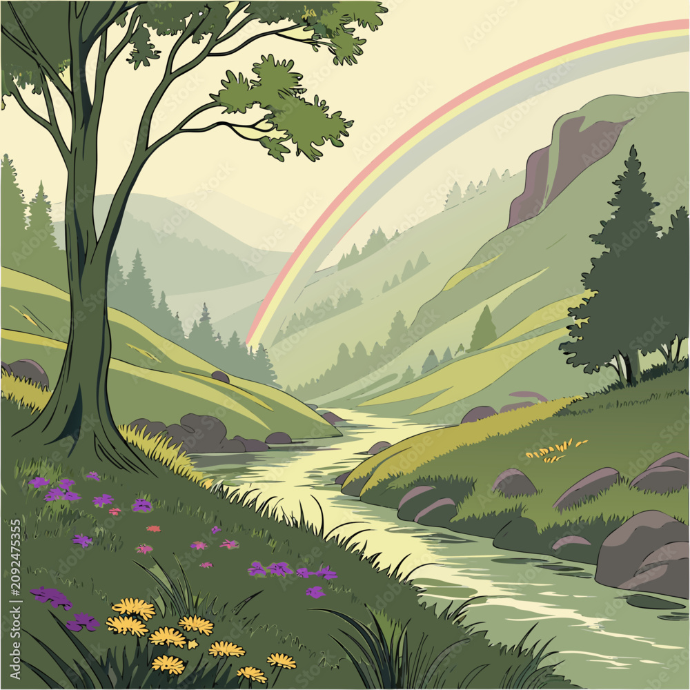 Obraz premium Landscape with a rainbow arching over a lush green valley and a flowing stream cold snap eco friendly environmentally friendly earth friendly planet friendly eco conscious eco aware eco savvy