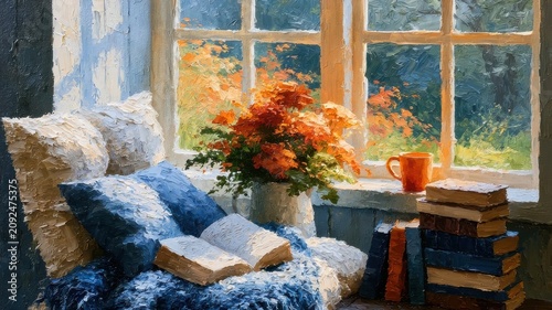 Cozy reading nook bathed in warm autumn sunlight with thick impasto texture