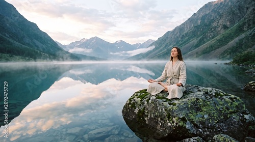 Tranquil landscape photograph of a woman meditating by a mountain lake, suitable for mindfulness apps, yoga retreats, meditation guides, and stress reduction content.