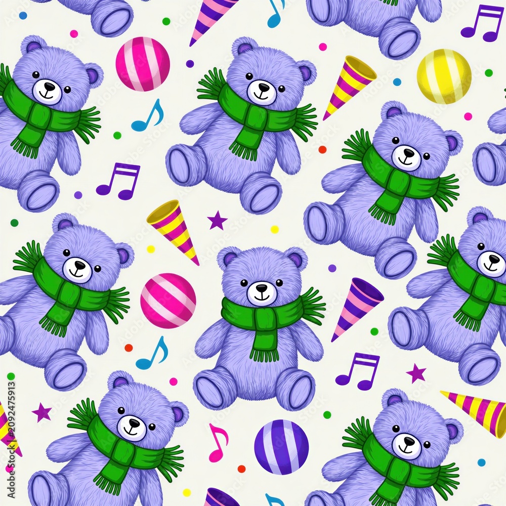 Naklejka premium Purple teddy bears with green scarves repeat on white background. Party hats, musical notes, and confetti add festive elements. Perfect for kids birthday or baby shower decor.