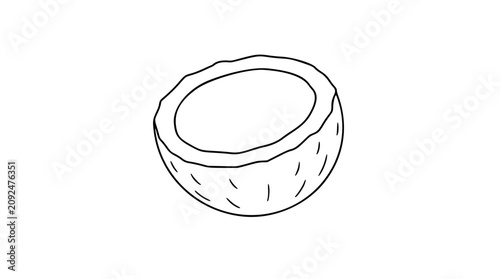 Foto A clean black and white line art vector icon of a halved coconut shell with detailed fibrous husk and smooth inner surface, suitable for wellness product labels or tropical spa branding
