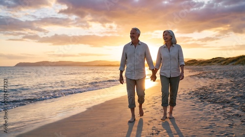Cinematic photograph of an active senior couple walking on the beach at sunset, ideal for senior health services, retirement planning, travel for seniors, and healthy aging promotion.