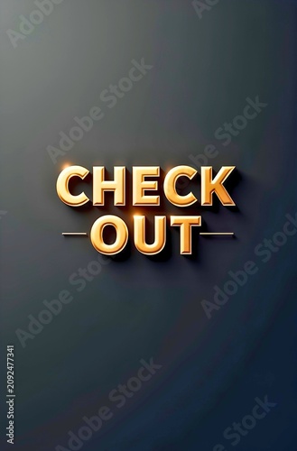 Artwork showing bold metallic gold 3D CHECK OUT letters with glowing edges contrasted against matte dark background