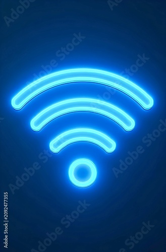 Artwork showing illuminated neon blue Wi-Fi icon with curved lines radiating upward from circle against dark background