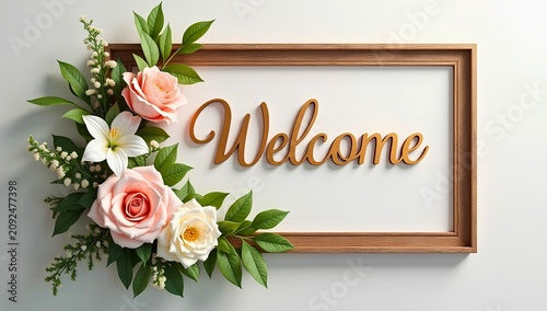 Artwork showing wooden frame with cursive Welcome lettering surrounded by pink roses white roses lily and green foliage