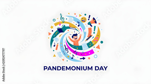 Pandemonium Day Vector Illustration Concept with Joyful Chaos Abstract Colorful Swirl and Happy Characters