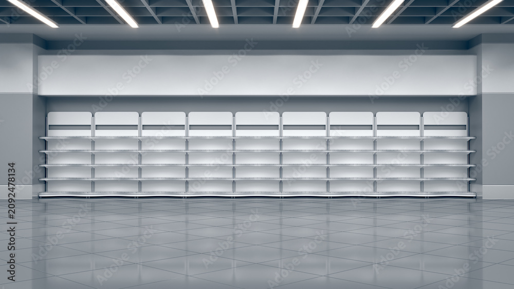 Obraz premium Supermarket interior mockup with shelving mockup with curved wavy shelves and blank toppers. 3d illustration